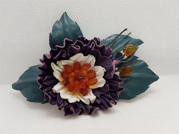 Bright leather brooch with amber, handmade